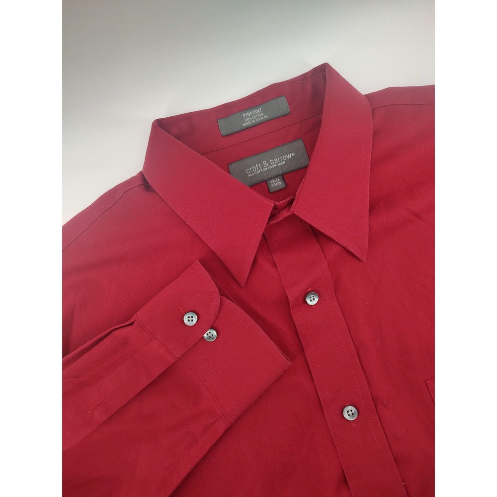 Croft & Barrow Dress Shirt Men 17.5 34/35 Red Excel. Non-Iron Cotton Button Up